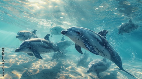 A pod of dolphins swims gracefully under the sea s surface  bathed in sunlight. The playfulness of these marine mammals is evident in their natural habitat.