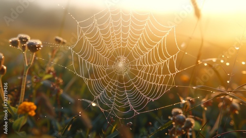 Morning dew clings to a spiderweb among wildflowers, catching the sunrise. The delicate web glistens with nature's intricacies.