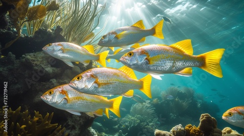 A group of yellowtail fish glide through the water by a rocky reef. Light filters through the surface, highlighting their habitat.
