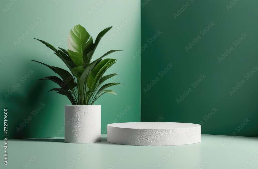 A podium made of white granite stone on a green background, next to it is a flower, a green plant, sunlight, shade. A podium made of white granite stone on a green background, next to it is a flower, a green plant, sunlight, shade.