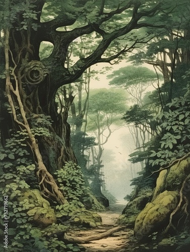 Vintage Art Print of Ancient Groves Landscape  Exquisite Forest Wall Decor