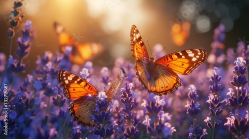 Monarch butterflies flutter among lavender flowers, with warm sunlight filtering through in a serene meadow.