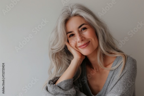 Mulher acima de 50 anos posando em fundo cinza photo