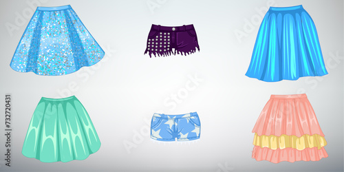 Different skirts for women, Collection of woman clothes, long and mini skirts of different colors.