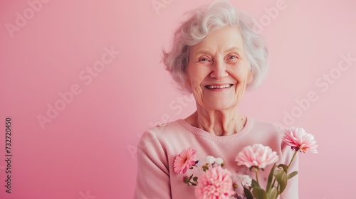 Uma mulher idosa em um fundo fotografico rosa photo