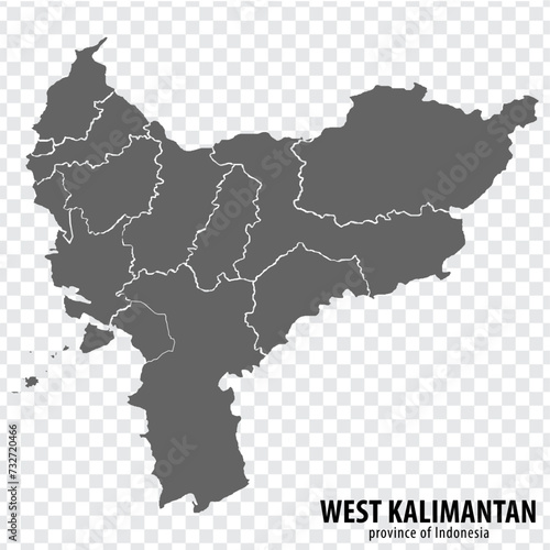 Blank map West Kalimantan province of Indonesia. High quality map West Kalimantan with municipalities on transparent background for your web site design, logo, app, UI. Republic of Indonesia. EPS10.