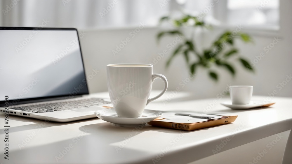 White cup of coffee standing on white table near notes and laptop, blurred background. Concept online of working all day and night long. White cup of coffee standing on white table near notes and laptop, blurred background. Concept online of working all day and night long.
