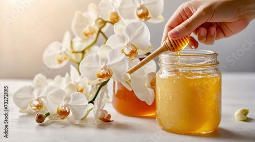 On a white orchid backdrop, hands holding a bowl of melted sugar paste or wax for hair removal space