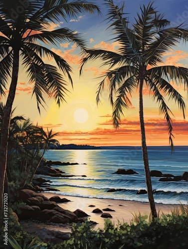 Silhouetted Palm Beaches: Nature Art of Ocean View in a Beach Scene Painting