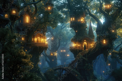 A fantasy scene of a hidden elven city in an ancient forest, with magical treehouses and glowing lights. Resplendent.