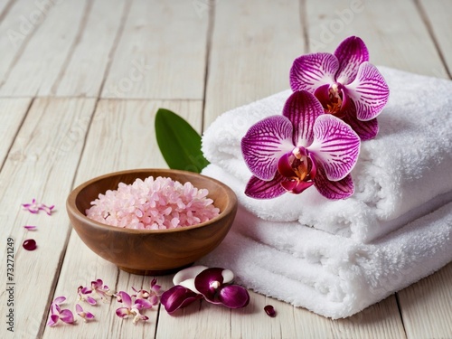 Spa cosmetic and beauty treatment concept. Pink spa sea salt  white towel and purple orchid on white wooden background