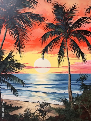 Silhouetted Palm Beaches: Tranquil Ocean View in a Captivating Nature Art Beach Scene Painting
