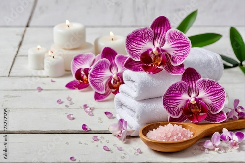 Spa cosmetic and beauty treatment concept. Pink spa sea salt, aroma candle, white towel and purple orchid on white wooden background