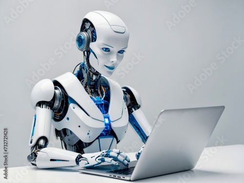 Cyborg, modern smile female robot android working on laptop on white background