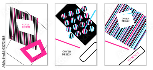 Geometric cover design, set of 3 covers. Abstract unusual background in Memphis style. Bright geometric shapes in random order