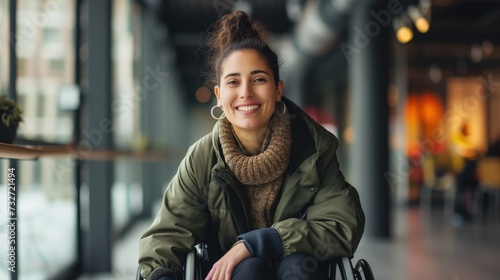 Mulher cadeirante sorrindo para a foto photo