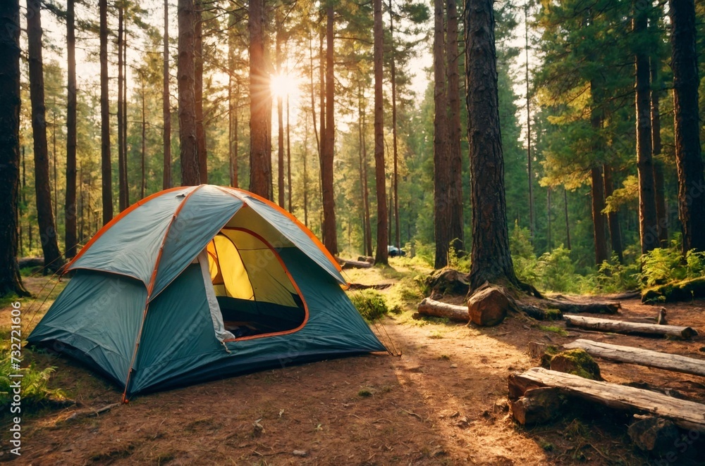 Open tent in the sunny forest. Camping in the forest, Camping rest in a forest road on forest sunny background