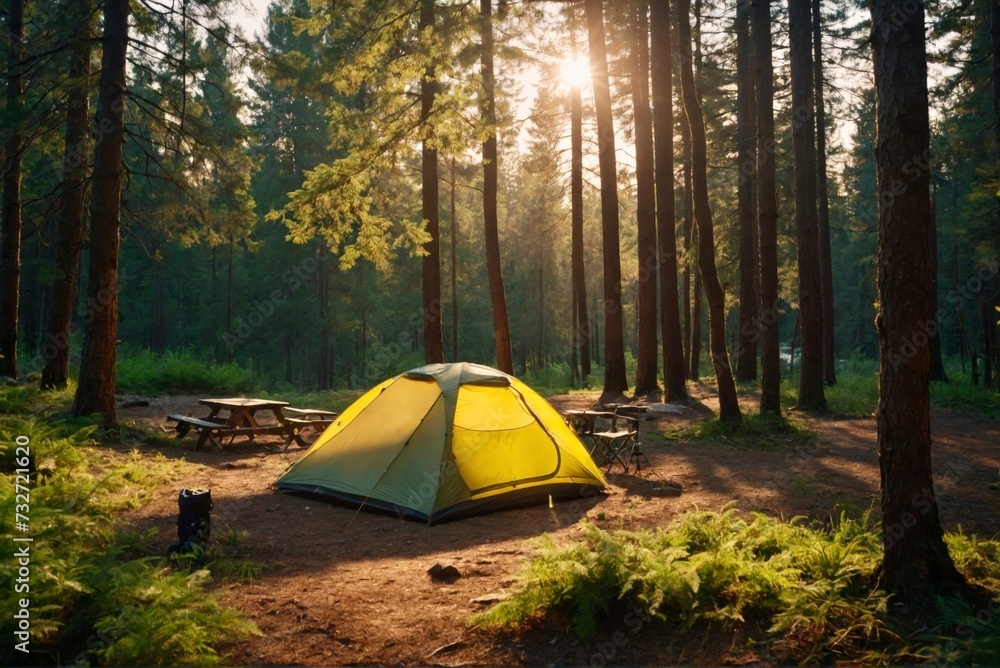 Green tent in the sunny beautiful forest. Camping in the forest, Camping rest in a forest road on forest sunny background