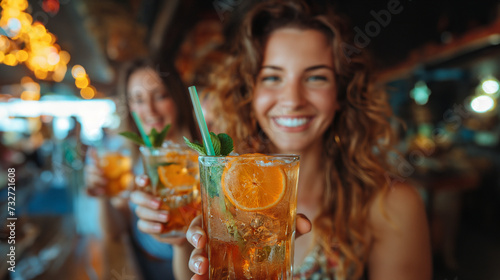 Happy friends group cheering mojito drinks at cocktail bar restaurant - Young people having fun drinking cocktails on happy hour at pub - Party time and youth concept