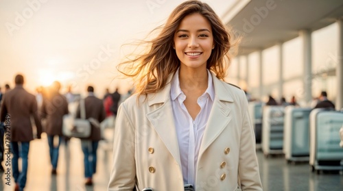 Happy young woman traveler abroad wearing in the white overcoat walking in airport, unfocused background, sunshine, sunset