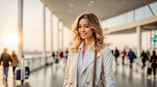 Happy  smiling young woman traveler abroad wearing in the white overcoat walking in airport, unfocused background © Maryna Andriianova