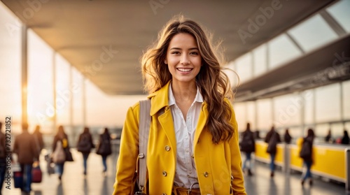 Happy young woman traveler abroad wearing in the yellow overcoat walking in airport, unfocused background, sunshine, sunset