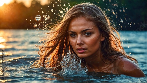 Young woman with long hair in the midst of a hair flip  with water droplets suspended in the air. Sunset.