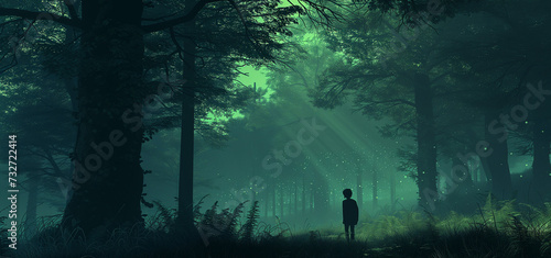 Silhouette or a person walking through forest or jungle at dusk