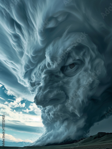Terrifying face of celestial being or demon forming in storm clouds