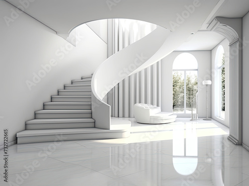 Beautiful modern minimalist white home interior setting with sweeping staircase and green plants in hall