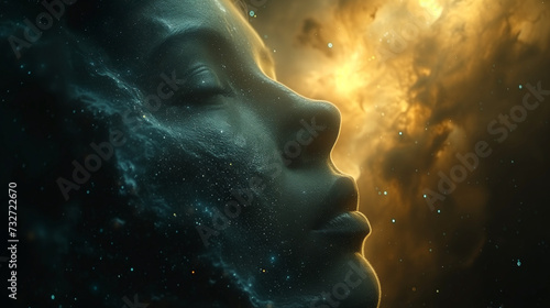 Woman meditates as her consciousness explores the universe