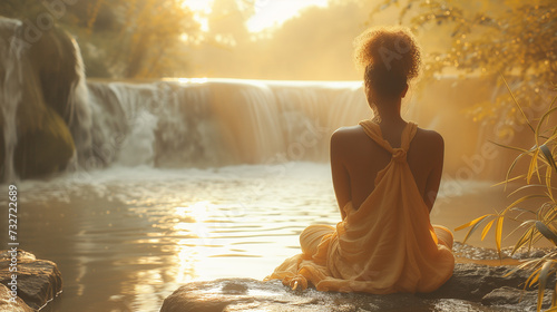 Woman sitting or meditating in a serene location with waterfall