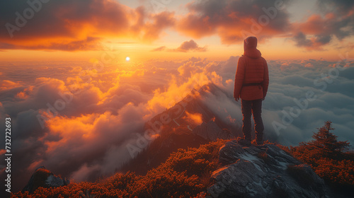 Hiker stand as summit of epic hike watching the sun rise over the clouds and mountains © Rajko