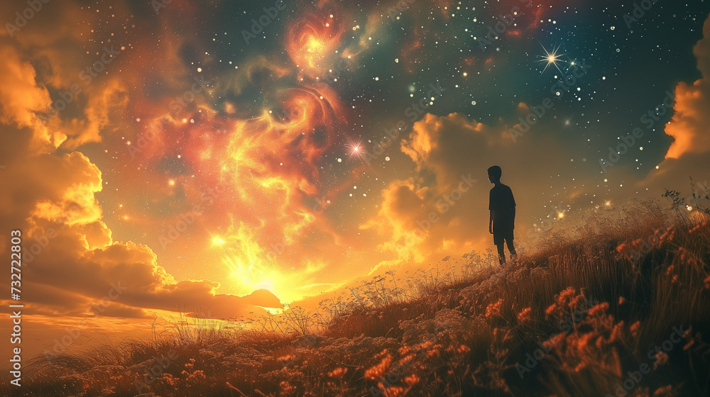 Man Gazing at a Star-Infused Sky at Sunset