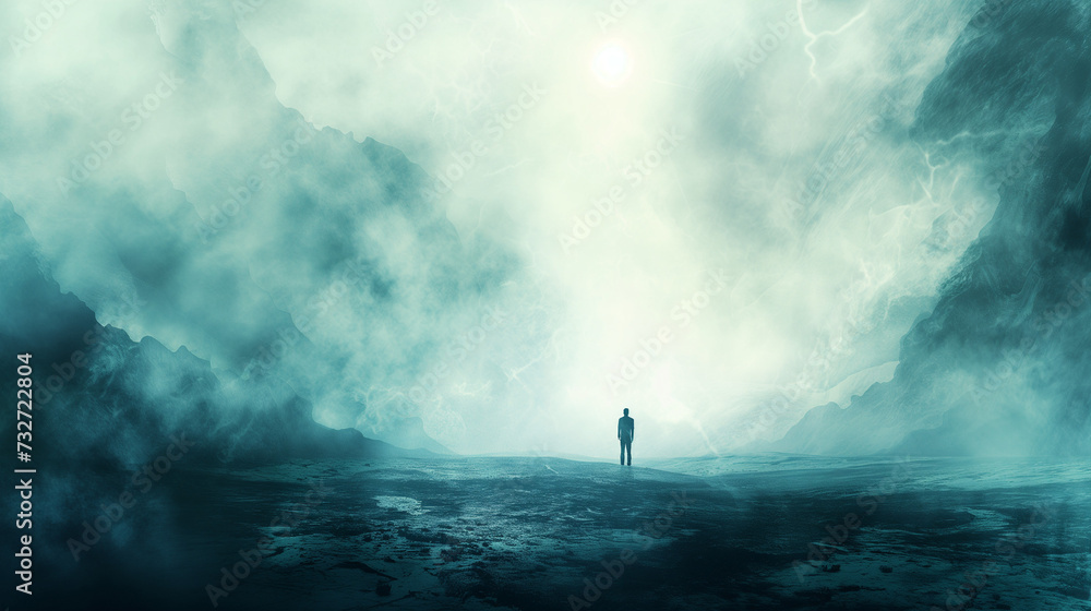 person stands in the fog in large open outdoor space