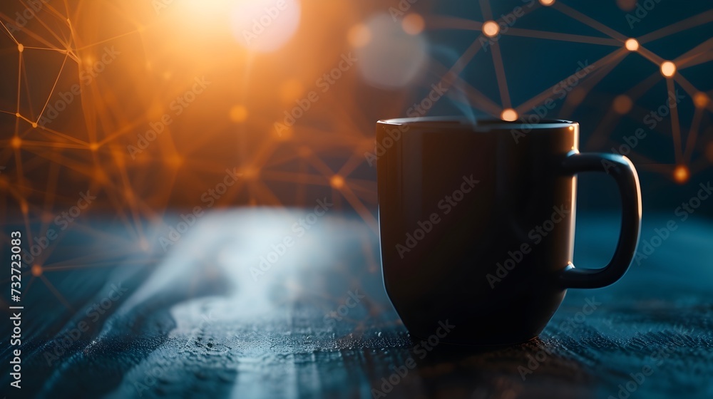 Morning Mug Of Coffee To Get Ready For The Daily Grind And Networking At The Office With Technology Circuits Background (Generative AI). - obrazy, fototapety, plakaty 