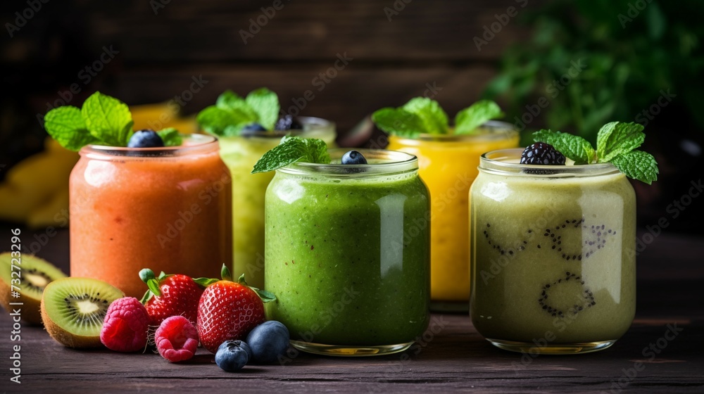 Photograph of multiple Fresh Fruit Smoothies with Berries, Kiwi, and Greens, on a table. Photograph of multiple Fresh Fruit Smoothies with Berries, Kiwi, and Greens, on a table.