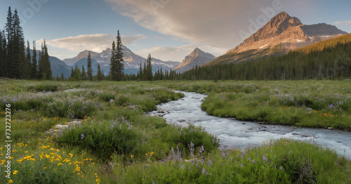 A serene evening in Park, Montana, where wildflowers bloom alongside a clear mountain stream in the tranquil landscape. photo
