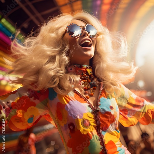 woman exuding happiness, dressed in colorful and psychedelic 1970s fashion