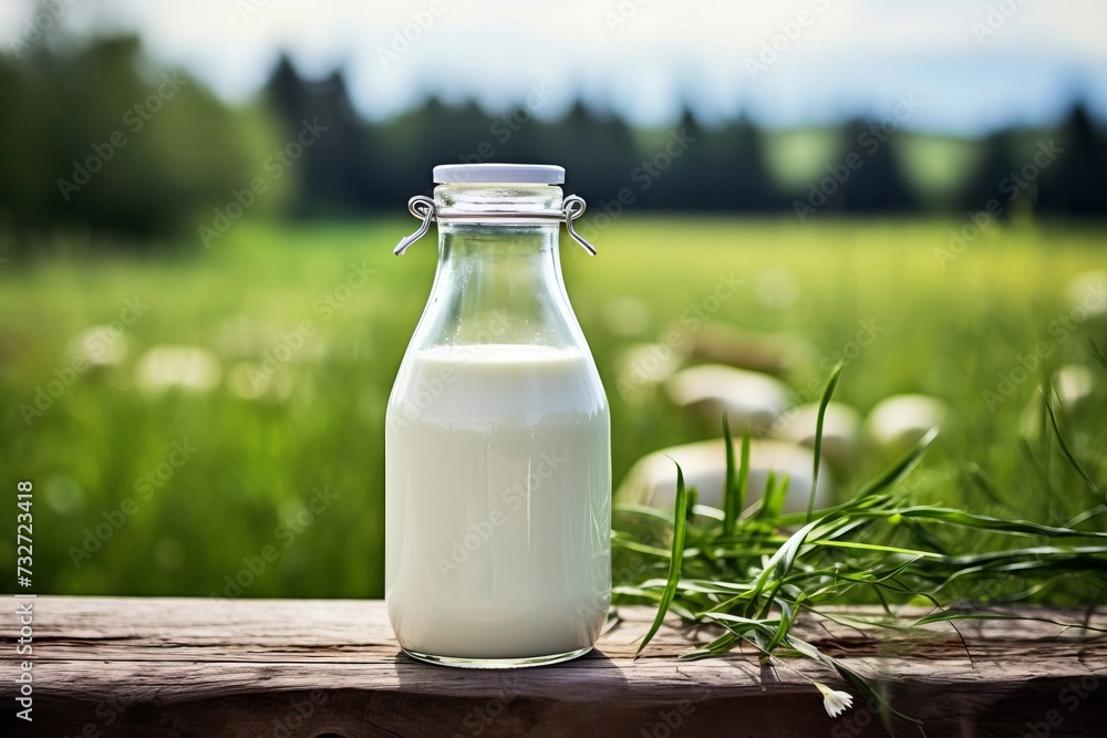 Bottle of fresh farm milk against green meadow Bottle of fresh farm milk against green meadow