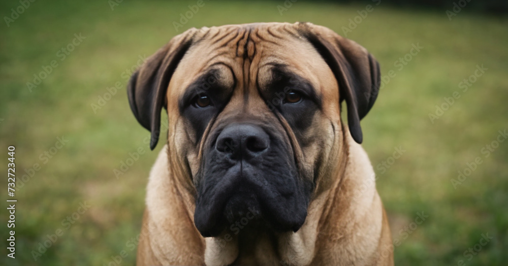A portrait of a cute Bull Mastiff dog, displaying its strong and adorable nature in a woodland setting.