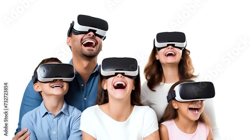  Joyful Family Experiencing Virtual Reality  A delighted family of four wears VR headsets  exploring virtual worlds together  perfect for showcasing the fun of interactive technology and family 