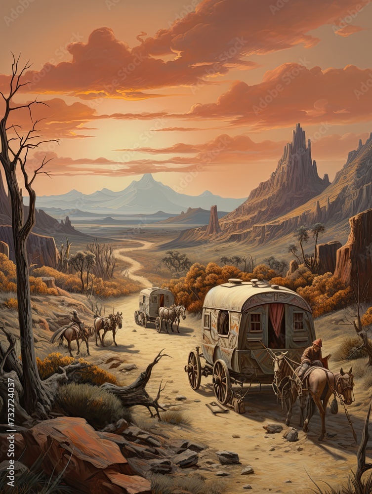 Caravan Road: Vintage Travel Adventure Art Print featuring a Majestic Landscape