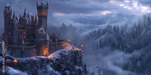 castle in mountain snow landscape in cold winter. Resplendent. photo