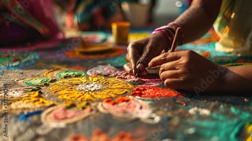 Close-up of hands creating colorful rangoli artwork during cultural celebration © Arslan