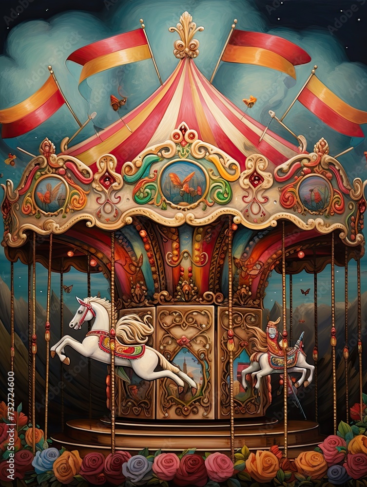 Vintage Carousel Adventure: Whimsical Scenic Prints & Art