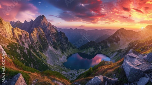 The panorama captures a breathtaking sunset casting golden hues over a majestic mountain range with alpine lakes nestled in valleys. Resplendent. © Summit Art Creations