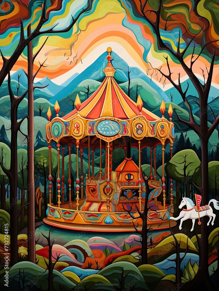 Whimsical Carousel Rides: Modern Landscape Wall Art