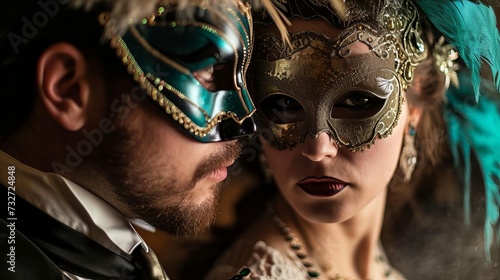 Elegant Couple in Masquerade Masks Celebrating at a Candlelit Event