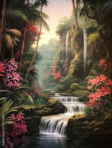 Cascading Oasis  Tropical Waterfall Art - Nature Landscape in Jungle Scene